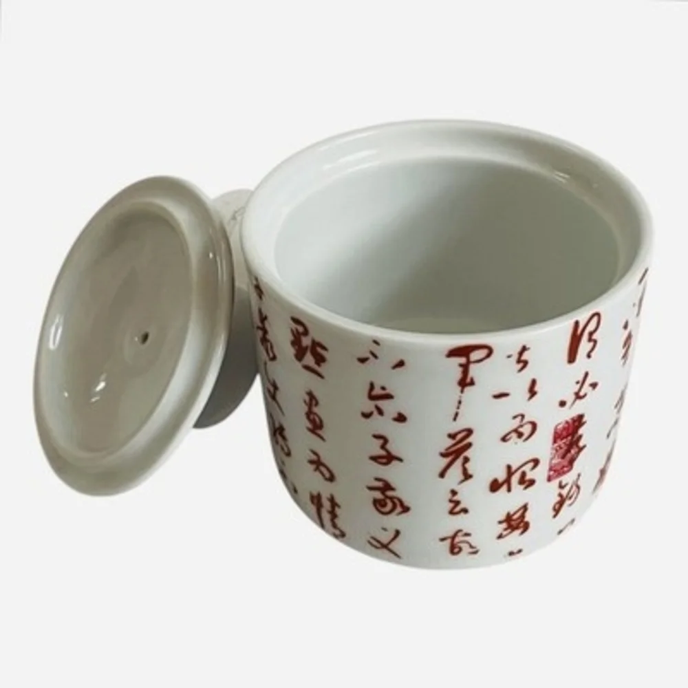 Vintage White Red Chinese Calligraphy Covered Sugar Bowl Tea Jar 3.75